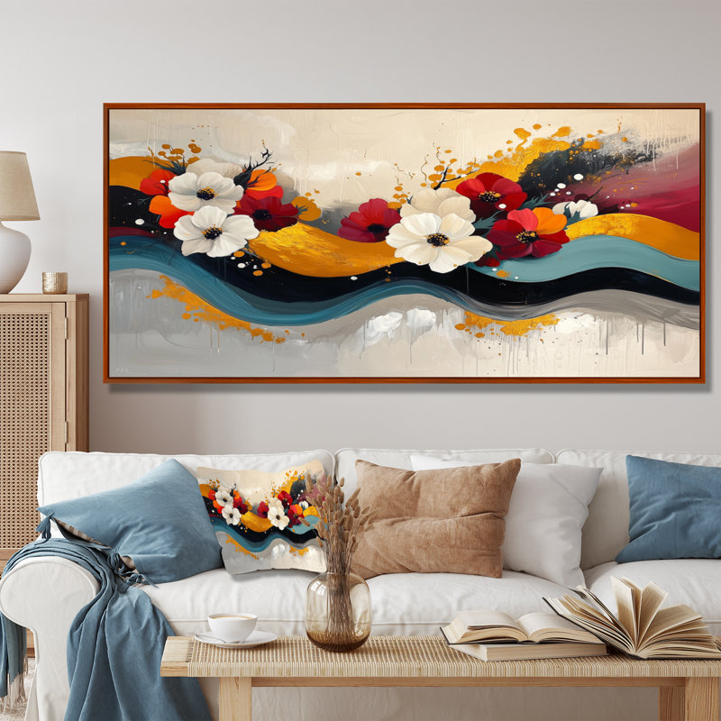 Art mural blanc pour le salon, H 28 po x l 60 po, Cadre flottant, Brun