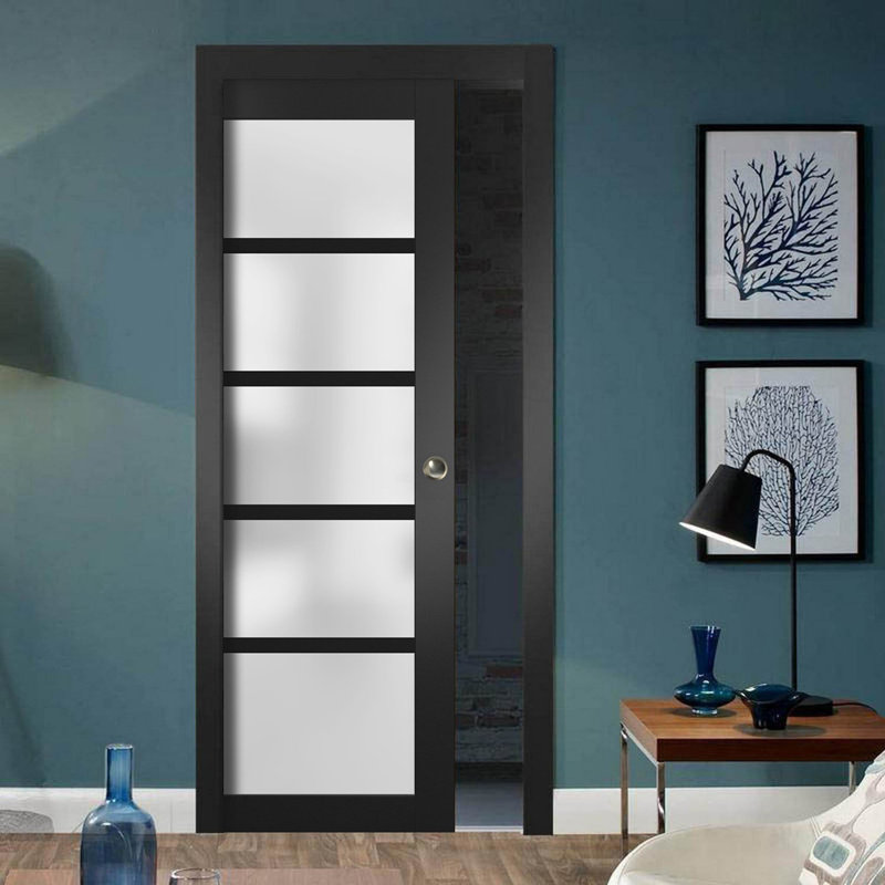 Porte coulissante à galandage avec vitrage dépoli Quadro 4002 noir mat, ensemble de garnitures, rail et quincaillerie, bois massif, pour chambre à coucher, portes robustes - 76 cm x 203 cm