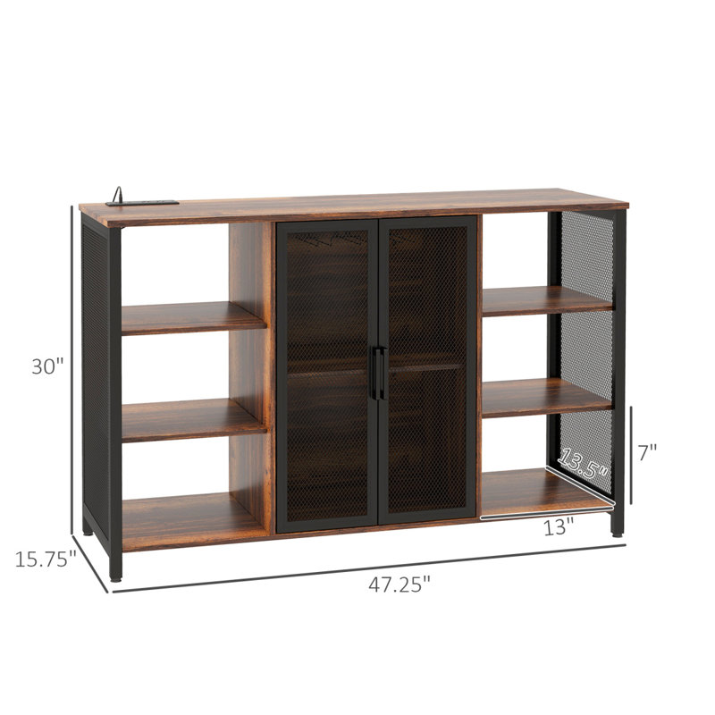 LED Wine Cabinet With Charging Station Glass Holders, Rustic