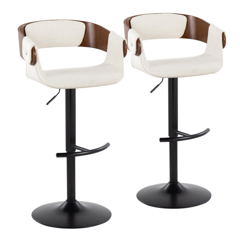 Laurenzio Swivel Upholstered Adjustable Height Counter Stool with Metal Frame, Cream Fabric/Walnut Wood, Black