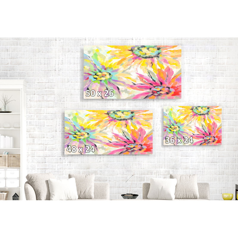 Fleurs, pétales, peint, abstrait, rouge, jaune, mauve, vert, fleur, moderne, H 24 po x l 48 po x P 1,5 po
