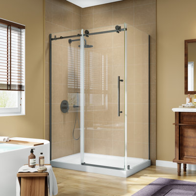 48" W x 31.6" D x 72" H Semi-Frameless Single Sliding Corner Shower Enclosure with Tempered Glass