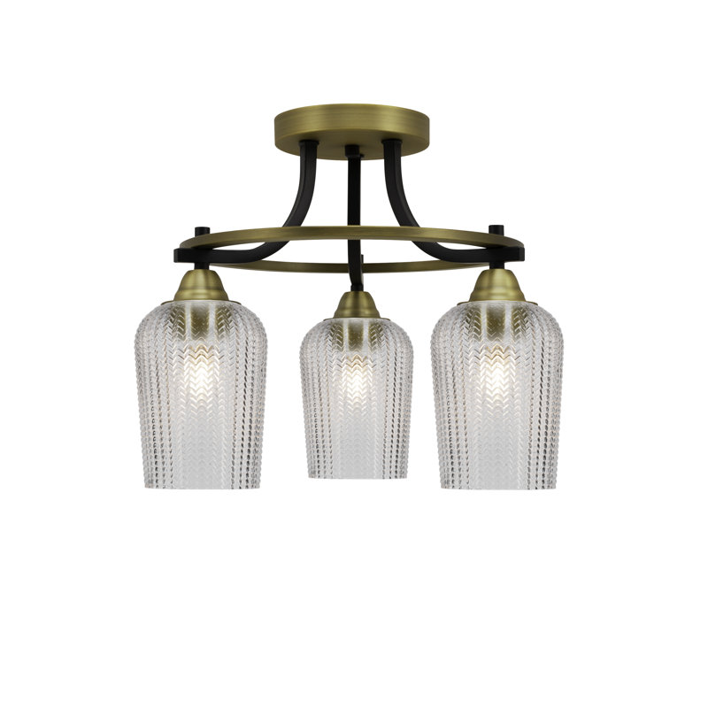 Paramount 3 Light Semi-Flush Shown In Matte Black & Brass Finish With 5" Textured Glass, Clear