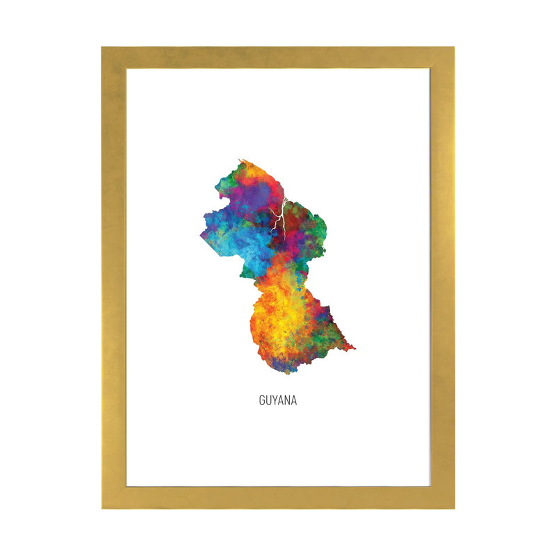 Carte de Guyana par Michael Tompsett-impression d’art graphique, Papier encadré doré, Blanc, H 24 po x l 16 po x P 1 po