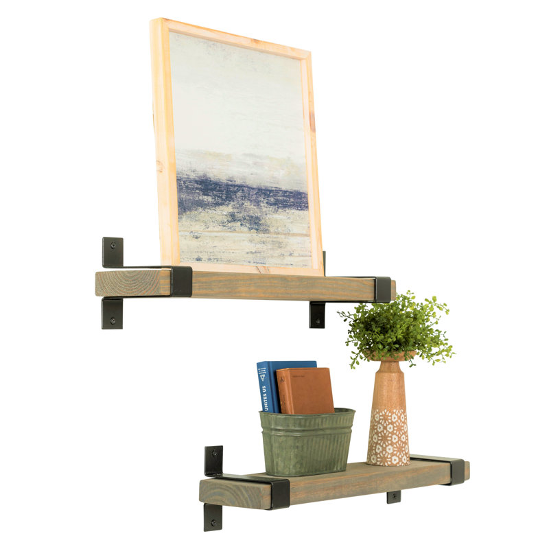 Abasi 2 Piece Pine Solid Wood Bracket Wall Shelf, 5.63" H x 36" W x 6" D, Gray, Black