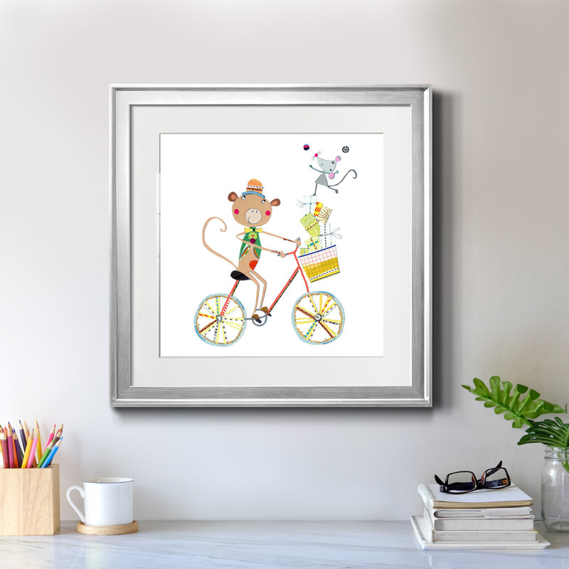 Circus Monkey - Reproduction d'art sur papier encadrée, Papier avec cadre argenté, H 17,5 po x l 17,5 po x P 1,5 po