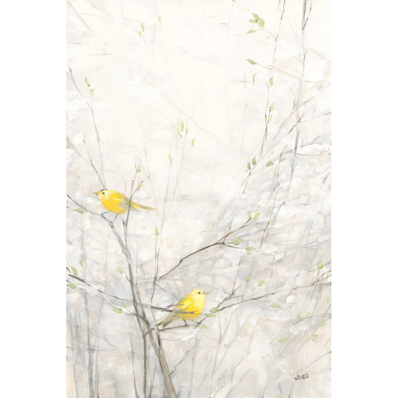 Oiseaux jaunes dans les arbres, branches, crémeux, jaune, crème, vert, brun, doux, H 24 po x l 48 po x P 1,5 po