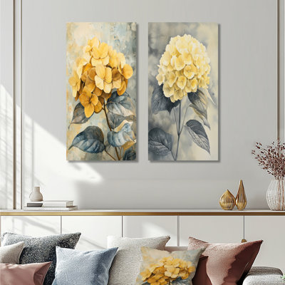 Fleurs d'hortensias jaunes douces I - Collection d'art mural floral 2 panneaux
