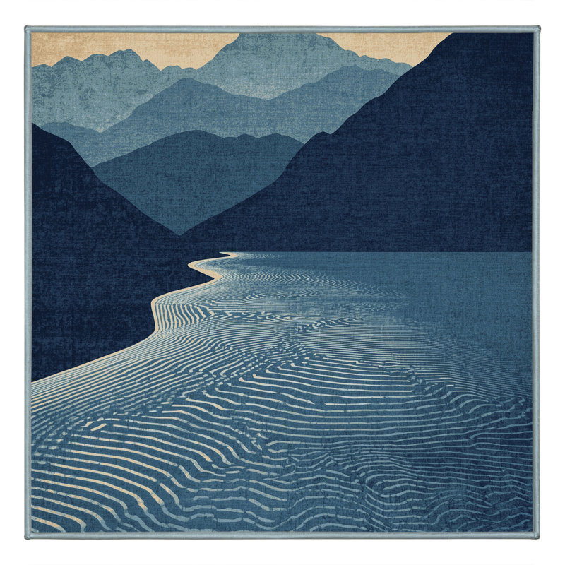 Tapis bleu moelleux moelleux et moderne au look rétro rustique Tonnele, Carré 7 pi