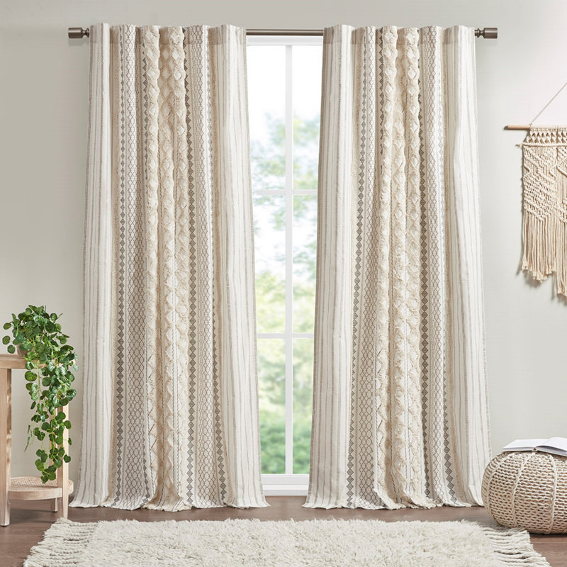 Mamie 50" Cotton Printed Curtain Panel With Chenille Stripe And Lining, Ivory, 50" W x 95" L