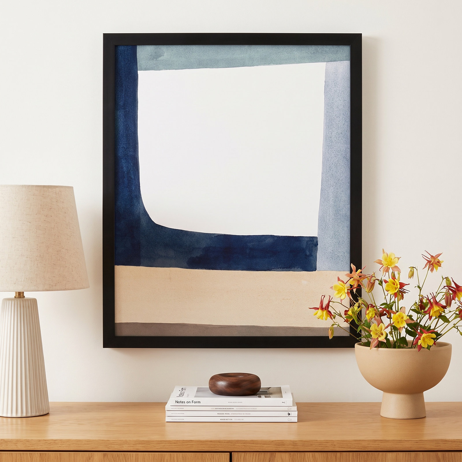 Composition In Blue 1 by Julia Balfour, 30" H x 24" W x 1.25" D, Black Framed Paper