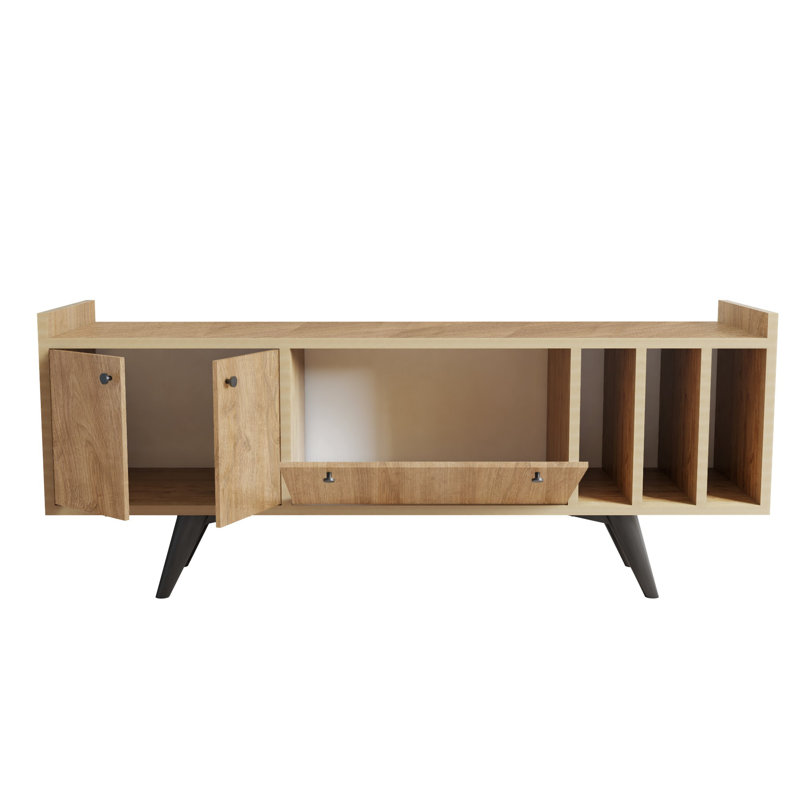Meuble télé moderne en chêne avec option de fixation murale, 59,1 po x 22,0 po x 15,7 po | 100% panneau de particules enduit de mélamine, épaisseur: 0,7 pouce | Pieds en plastique, tablettes multiples | Design scandinave pour des salons élégants