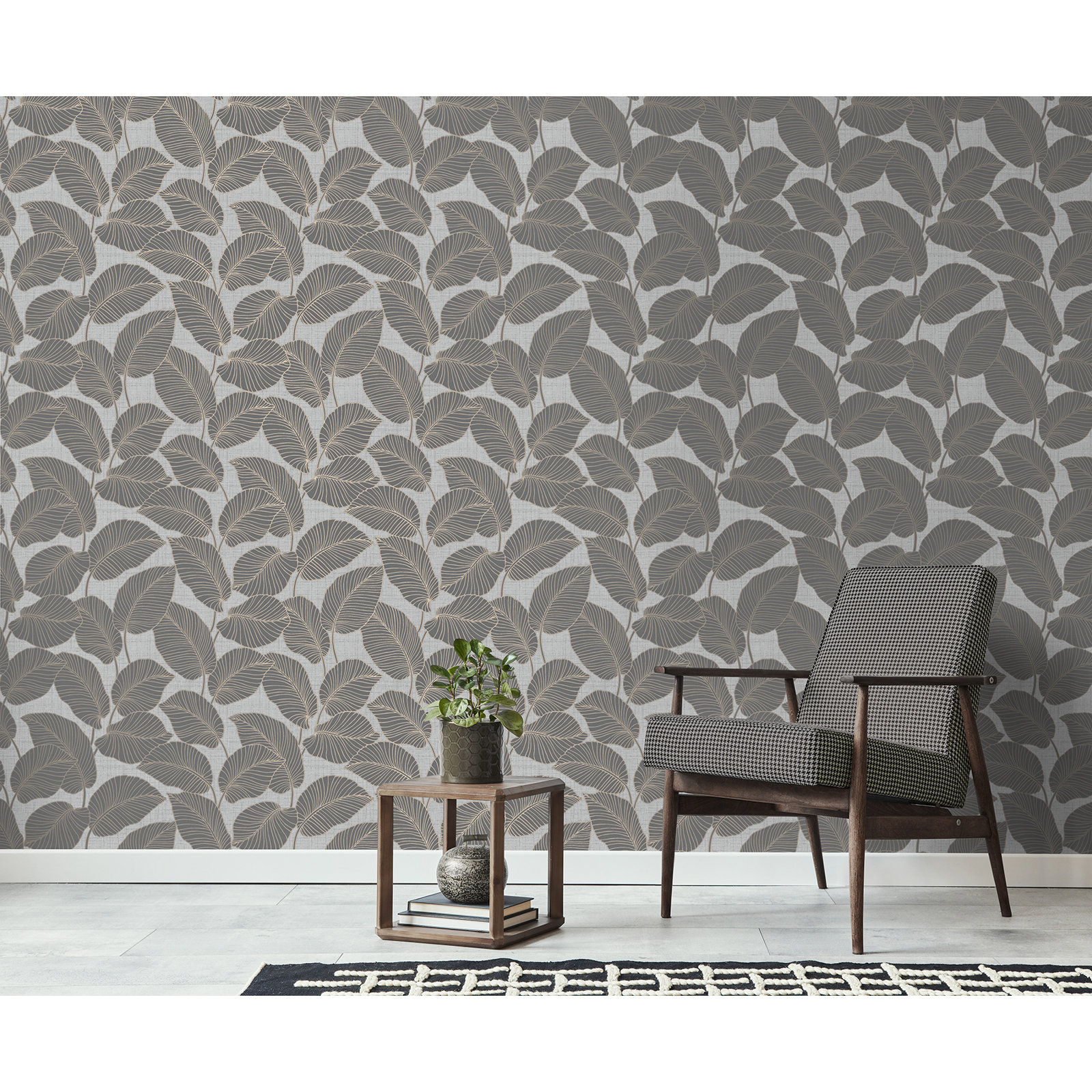Omena Modern Leaves Wallpaper, Gray