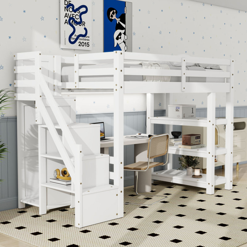 Lit mezzanine avec tablettes, escalier de rangement, garde-robe et lumière DEL, Simple