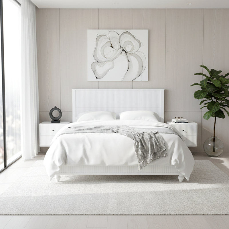 White Queen Size Bed Frame, Solid Wood & MDF, No Box Spring Needed, Classic Design with Grooved Panels
