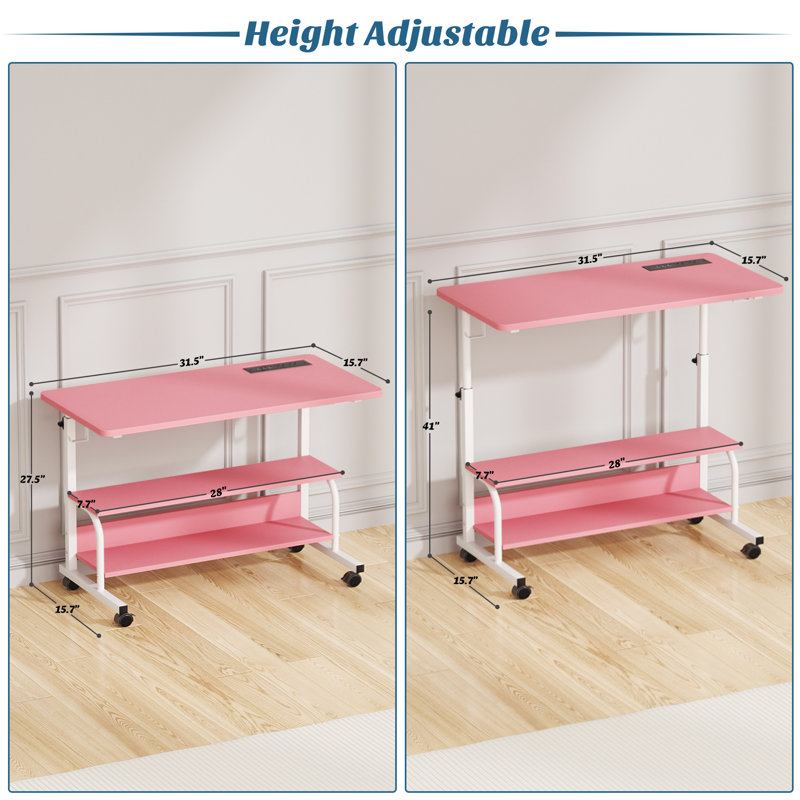 Susse 31"Bedside Computer Table with Power Outlet and Adjustable Height, Pink/White