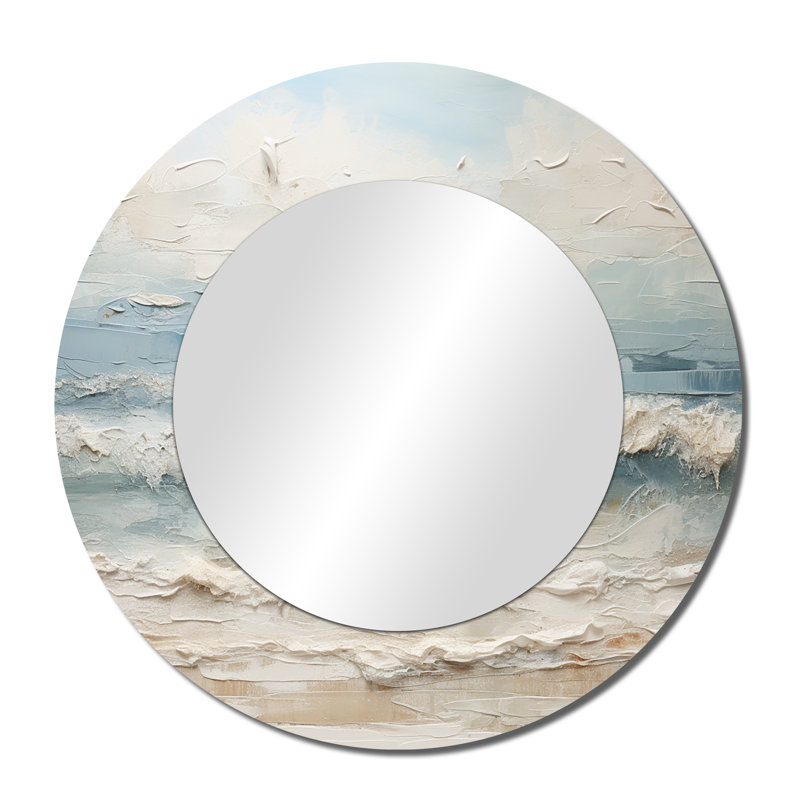 Peinture bord de mer beige et bleue - Miroir d'appoint rond Boho, impression sur métal, 36" x 36"