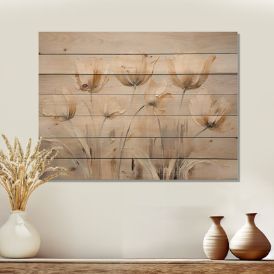 Beige Embellished Tulips Symphony I - Tulips Wood Panel Wall Art On Natural Pine Wood