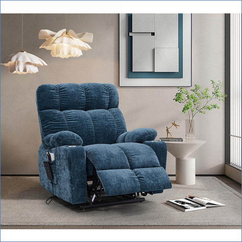 Recliners: Dual OKIN Motor Power Lift Recliner with Infinite Positions, 180° Lay Flat, Heat &amp; Massage for Elderly | Navy Blue | Fabric