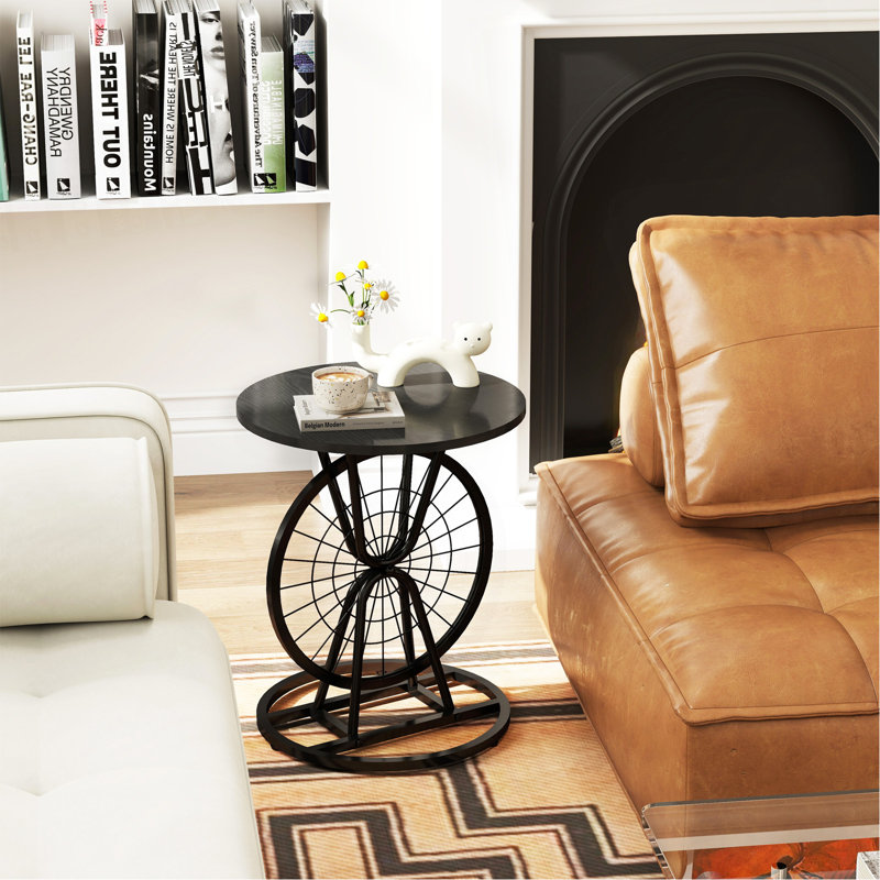 Table d'appoint 2 pièces à roulettes de style industriel rétro, table d'appoint ronde avec structure en métal, table basse rustique pour le salon, la chambre à coucher et le bureau
