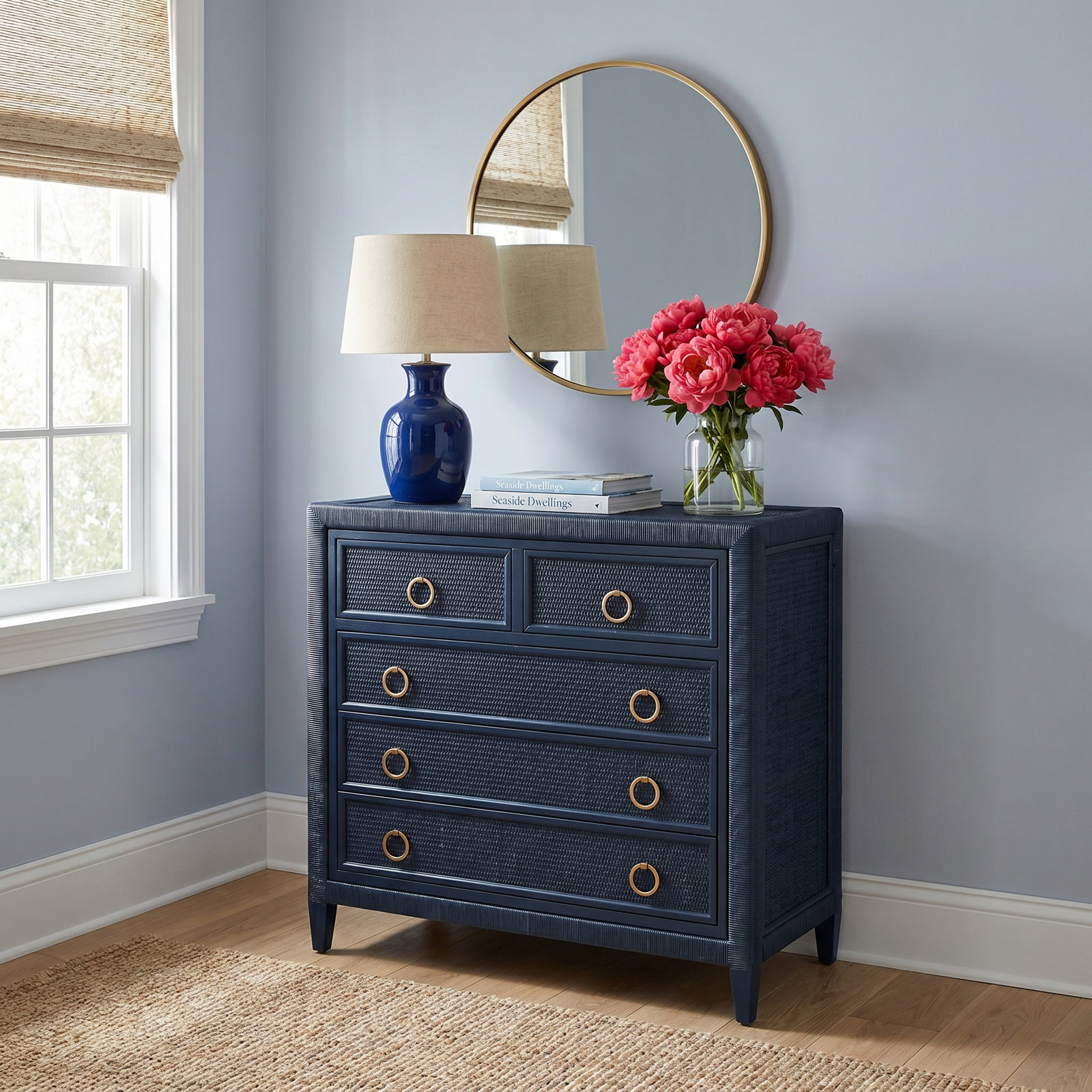 Warwick 7 Drawer Wicker Chest, Frost White, Satin Brass