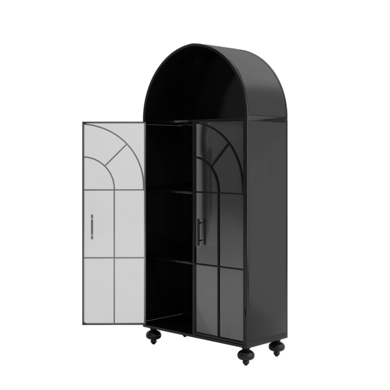 Armoire de rangement arquée moderne avec portes en verre, tablettes ouvertes