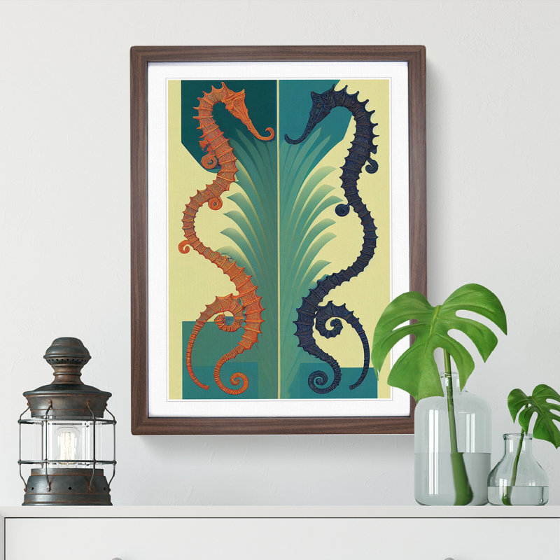 Two Seahorses - Wall Art, 48cm H x 36cm W, Walnut Picture Frame, White