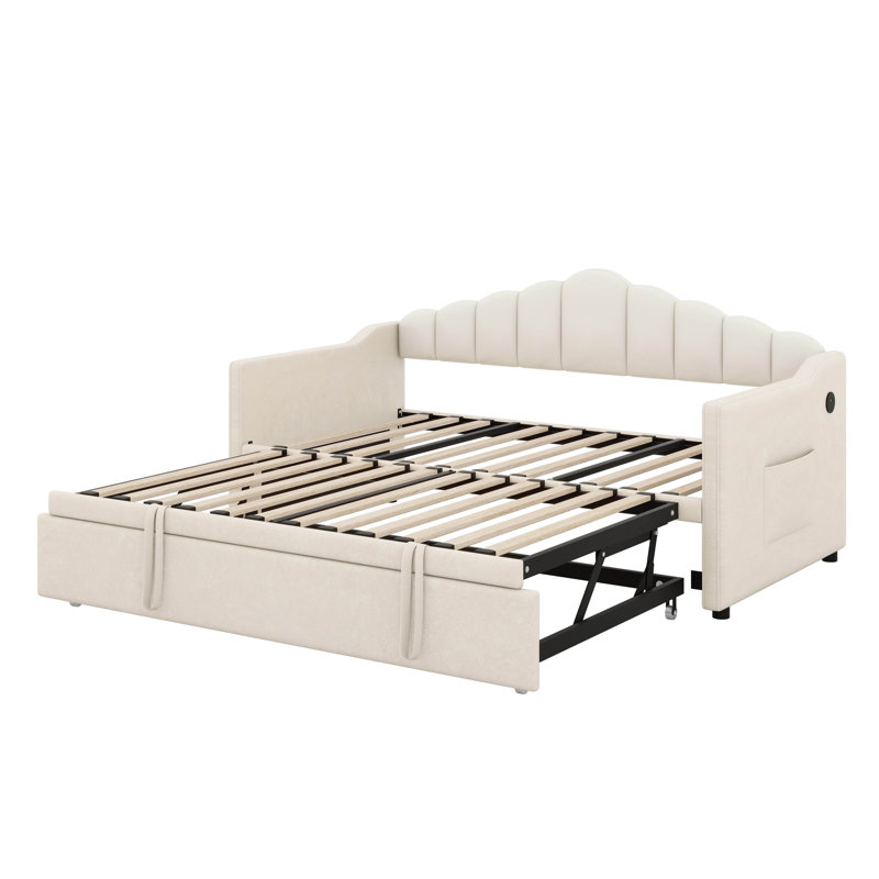 Twin Size Upholstered Day Bed Frame – Adjustable Pop Up Trundle, USB/Type-C Charging Port, 2 Side Pockets, No Box-Spring Required