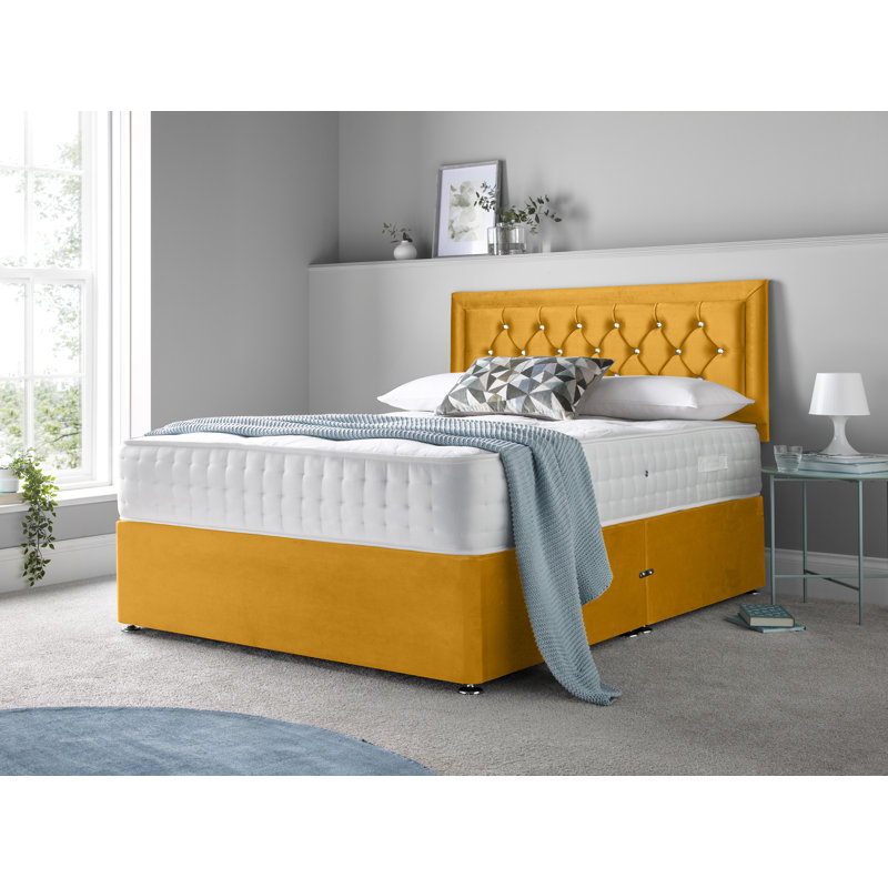 McBain Upholstered Divan Bed with Mattress, Double (4'6), Mustard, No Drawers