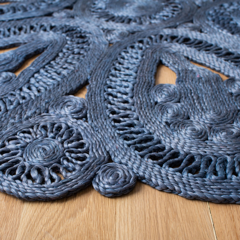 Tapis rond en jute tissé à la main bleu marine Dumas, Rond 5 pi