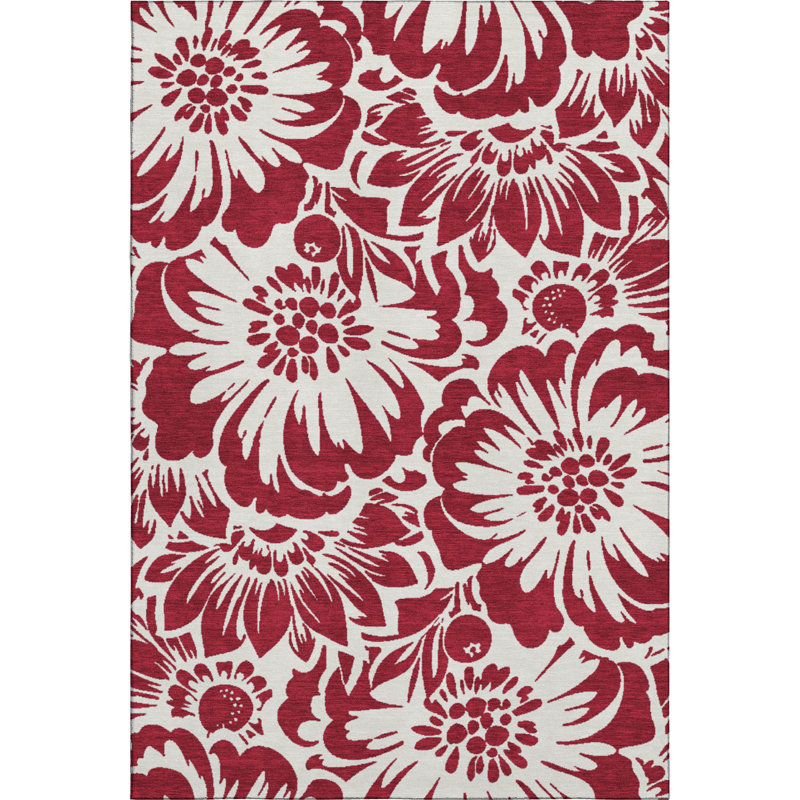 Burgundy Floral Rectangular Washable Synthetic Rug 3' x 5'