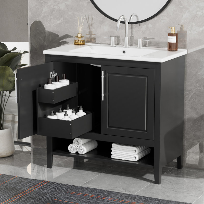 Meuble-lavabo 36 po avec lavabo, armoire de salle de bain avec portes et tiroirs, cadre en panneau de fibres à densité moyenne et panneau de fibres à densité moyenne