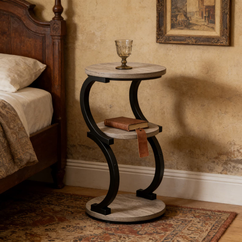 Table d'appoint à 3 niveaux avec design en forme de S, table de bout de style industriel pour le salon, la chambre à coucher et les petits espaces, table d'appoint compacte avec plateau en bois et structure en métal