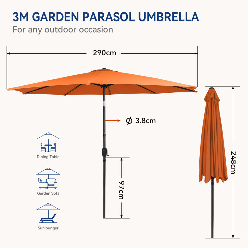 3m Large Paraso With UV, Garden Sun Shade Canopy Patio With Crank Tilt, Outdoor Umbrella  , Orange