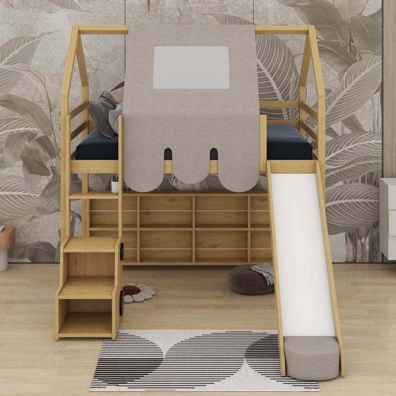 Twin House-Shaped Loft Bed With A Tent, Natural/Beige