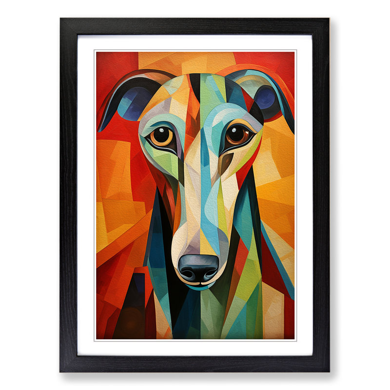 Greyhound Cubism Art - Framed Print, 46cm H x 34cm W, Black Framed