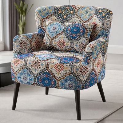 Fauteuil American Vintage avec revêtement en tissu jacquard lin et coton et structure en métal pour le salon et la chambre à coucher.