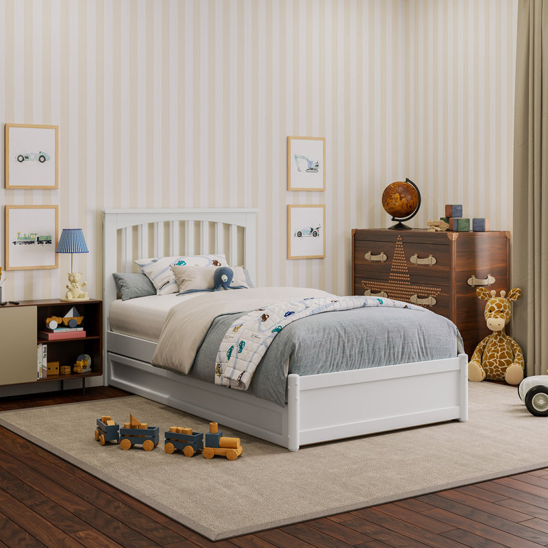 Lit plateforme en bois massif Asparas avec pied de lit et lit gigogne, Simple, Blanc
