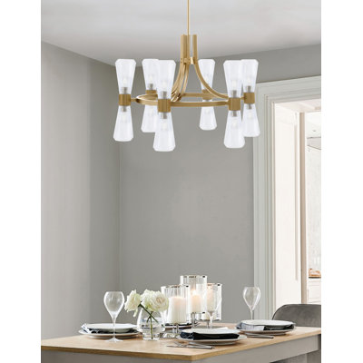 Allendale 12 Light Chandelier Shown In New Age Brass Finish With 4" Clear Ribbed Glass