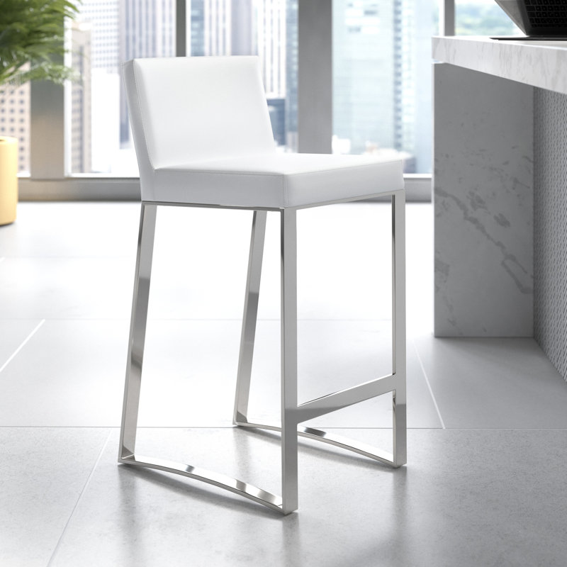 Chryssoula revêtu d'une structure en métal, Simili cuir blanc, Tabouret de comptoir (siège d'une hauteur de 26 p
