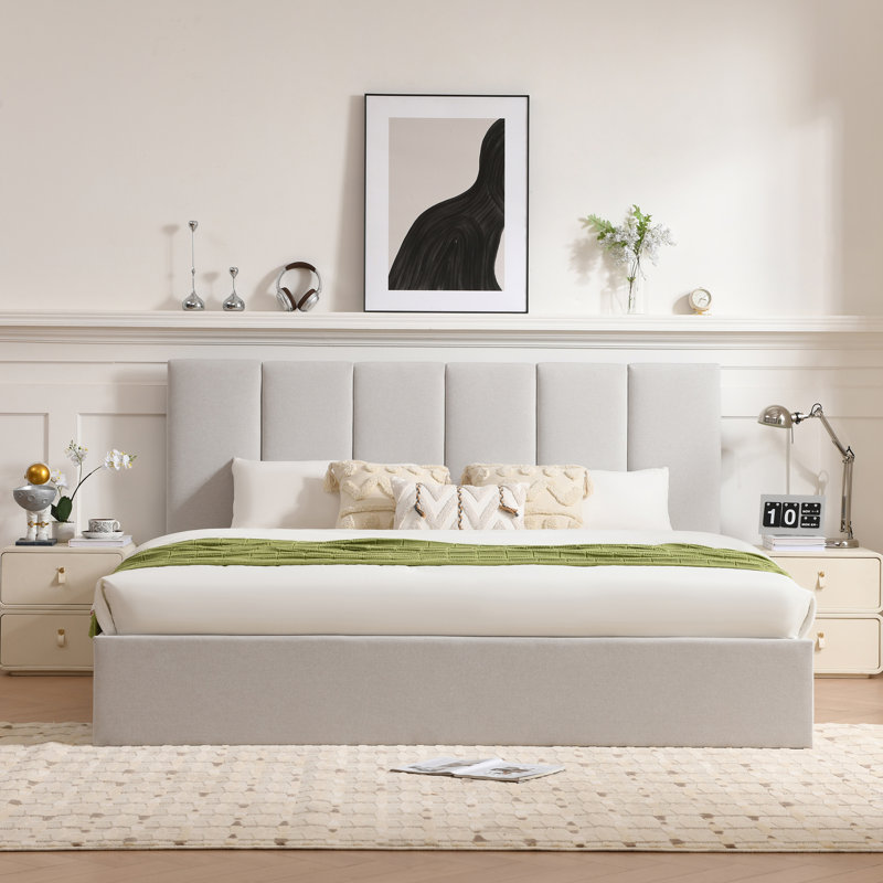 Juanetta Hydraulic Lift Up Storage Upholstered Platform Bed, King, Light Gray Linen
