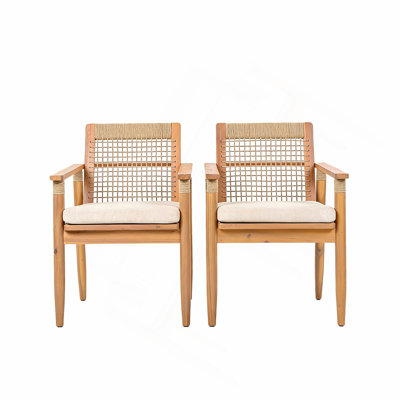 Ensemble de 2 chaises de salle à manger d'extérieur, fauteuil de patio en bois d'acacia avec dossier et accoudoirs multicolores en corde brune et coussin lavable beige, pour cour, piscine, jardin, teck clair