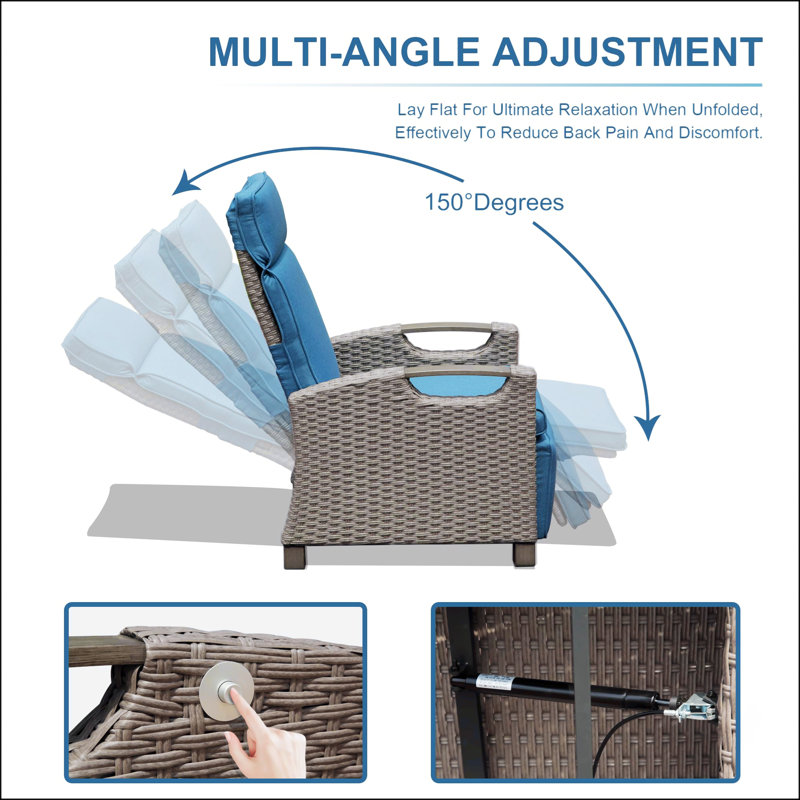 Patio Recliner With Hand-Woven Wicker, Blue