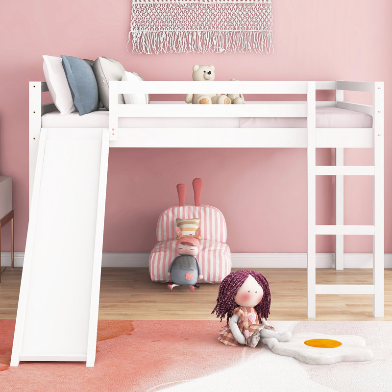 White Loft Bed With Shining Slide - Crafted From Solid Wood For Brightness Fascinatingly Stable