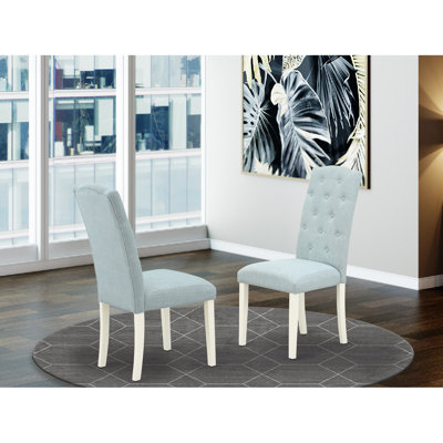 Dinner Chairs Set of 2 - Baby Blue Linen Fabric Seat and Button Tufted Back with Hardwood Legs - Linen White Finish