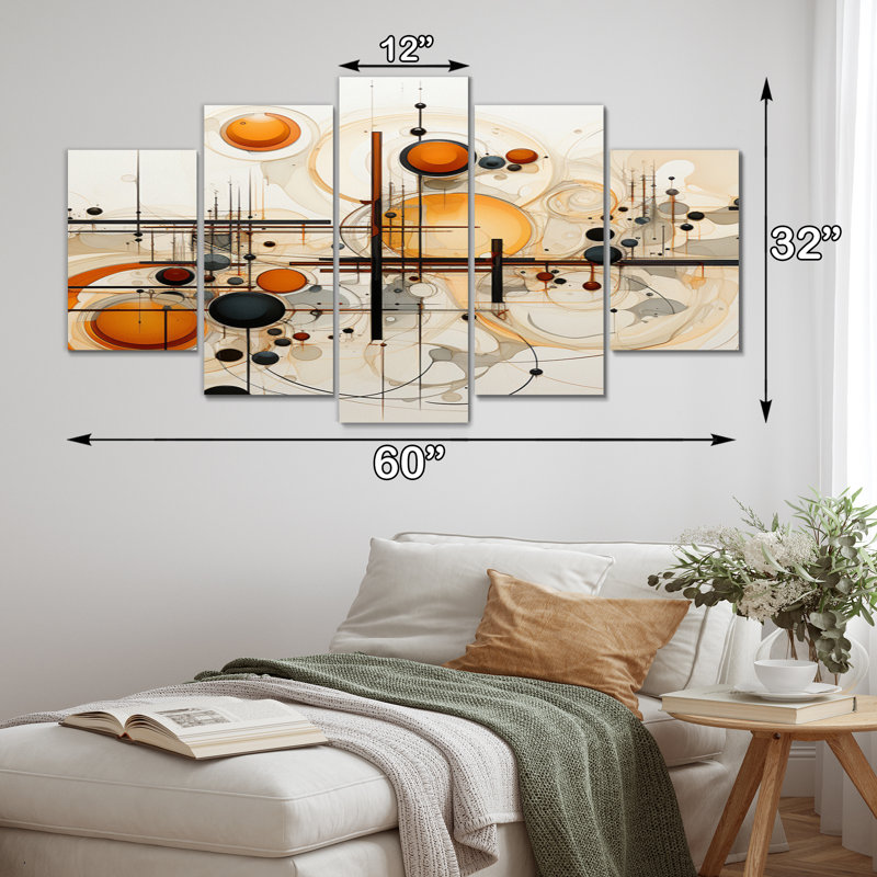 Abstrait orange, dessin au trait, art mural moderne sur toile, 5 panneaux
