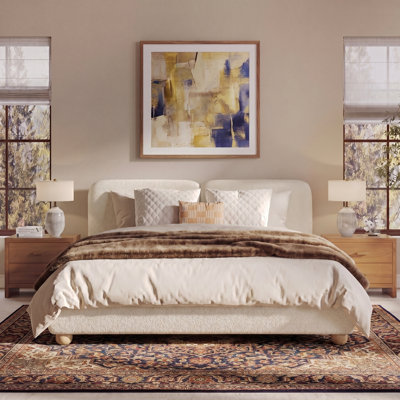 Hadley Modern Scandinavian Boucle Upholstered Platform Bed with Thick Curved Headboard, Solid Rubberwood Legs & Wood Slat Support