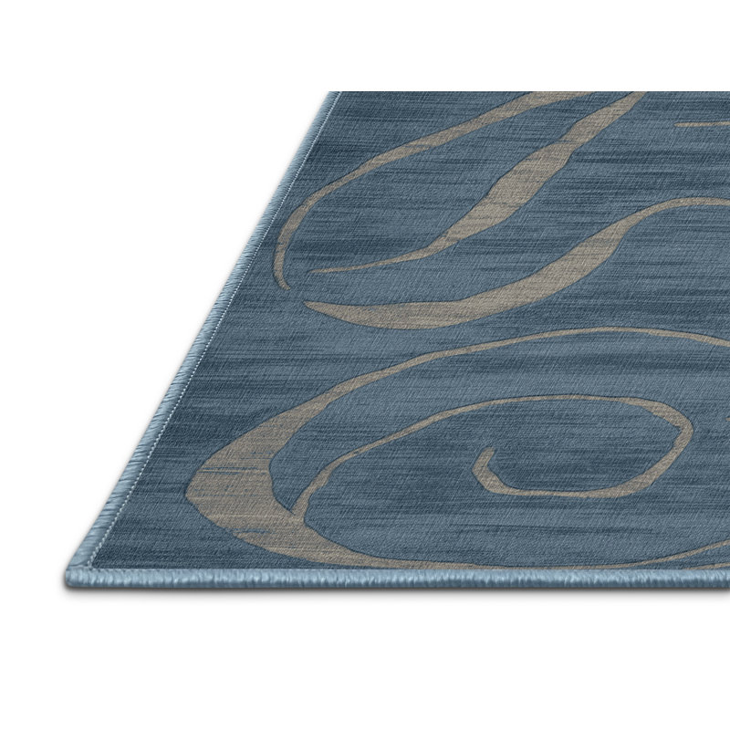 Tapis bleu abstrait lavable à la machine, Rectangulaire 7 pi x 10 pi
