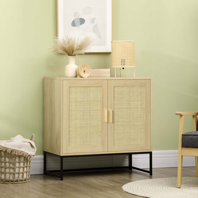 Accent Cabinet, Sideboard Buffet Cabinet With Rattan Doors, Adjustable Shelf And Metal Base, Boho Storage Cabinet