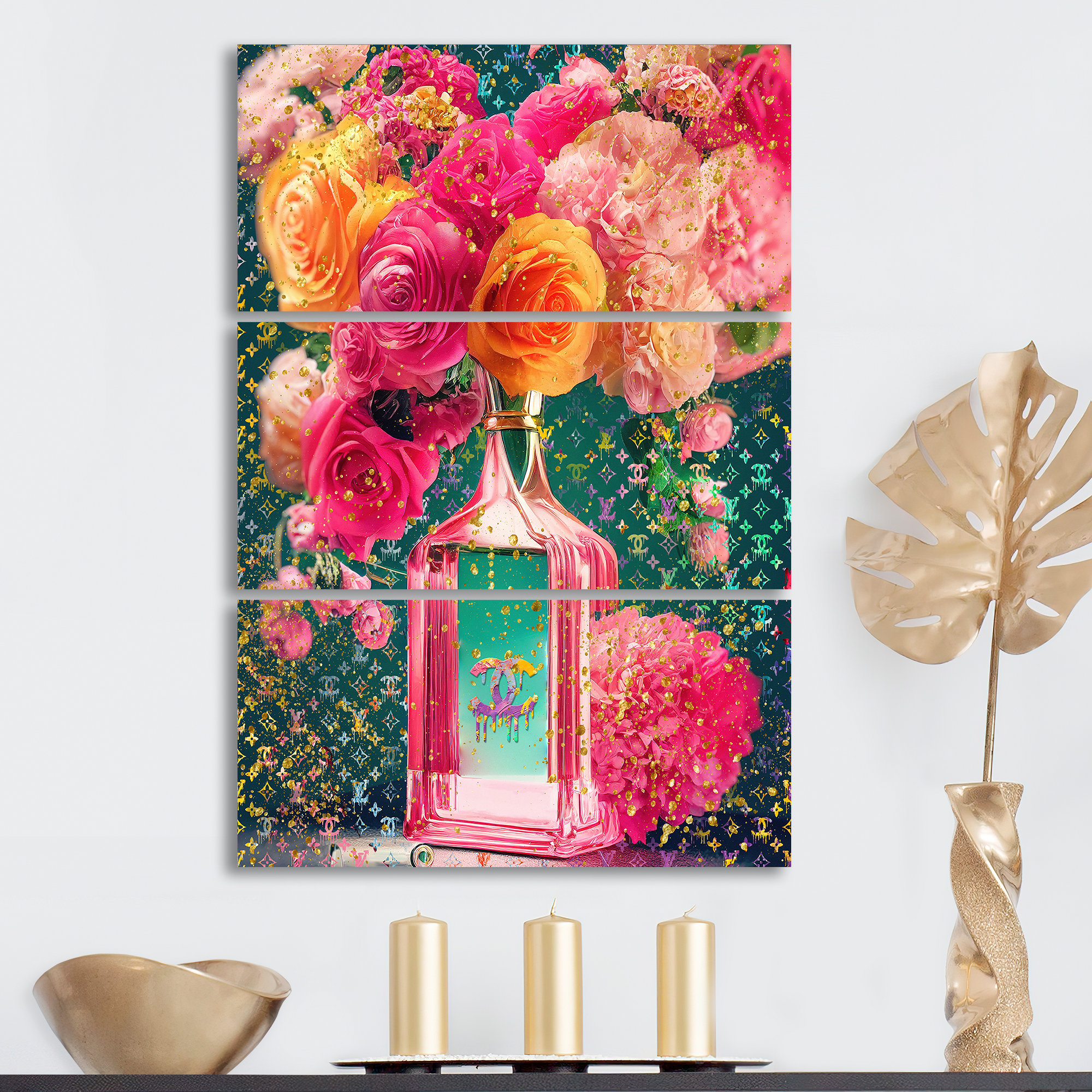 Everly Quinn High Fashion Perfume Bottle Vase With Flowers II On Canvas 3  Pieces Print